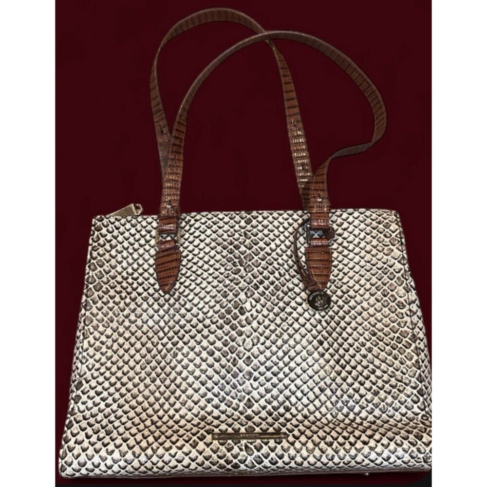 Brahmin Large Asher Tote Snake Embossed Leather Shoulder Bag Brown Ivory Purse